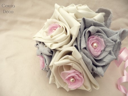 bouquet mariage original ivoire gris rose tissu lin cereza deco 3