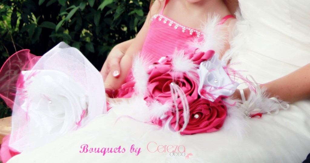 bouquet mariage original tissu plume strass blanc rose fuchsia sur mesure personnalisé cereza deco b