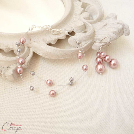 bracelet mariée perles rose gris romantique Mademoiselle Cereza modèle Mina