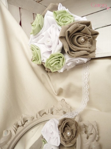 bouquet boutonniere mariage champetre lin toile jute beige blanc vert anis cereza deco 1