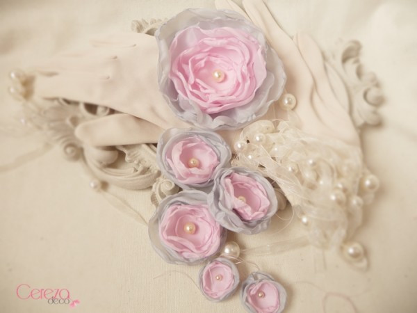 fleurs faites main rose gris pour ensemble Porcelaine cereza deco