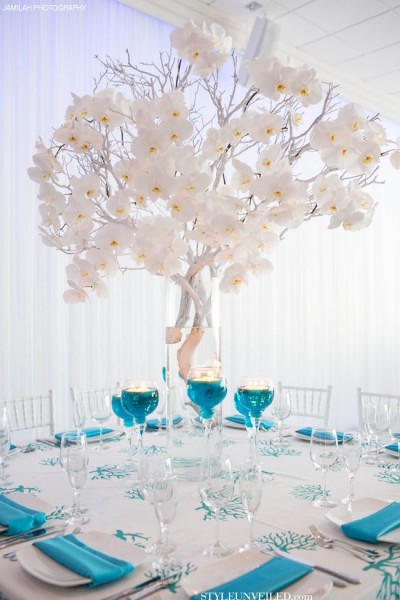 idées mariage turquoise blanc déco table centre table floral bougies