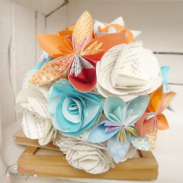 bouquet mariee origami orange bleu turquoise personnalisable Melle Cereza