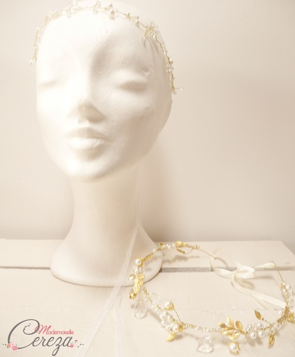 headband mariage or dore cristal perle mademoiselle cereza
