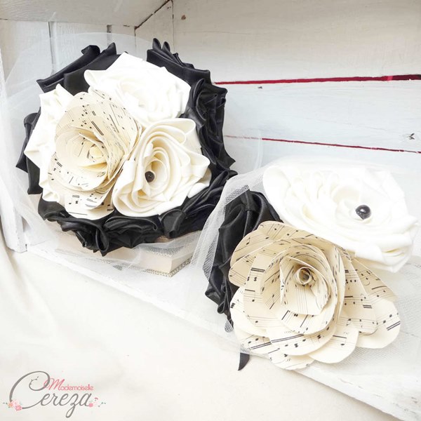 mariage thème musique ivoire noir bouquet mariee original partition tissu bouquet demoiselle honneur enfant