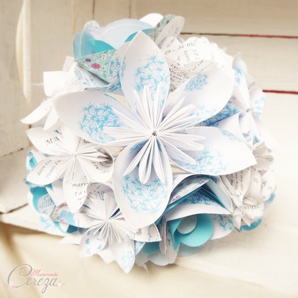 bouquet de mariee origami personnalisable bleu turquoise blanc Mademoiselle Cereza
